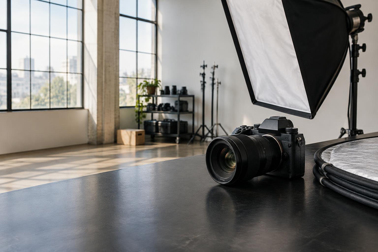 Camera and lighting equipment in a daylight photography studio