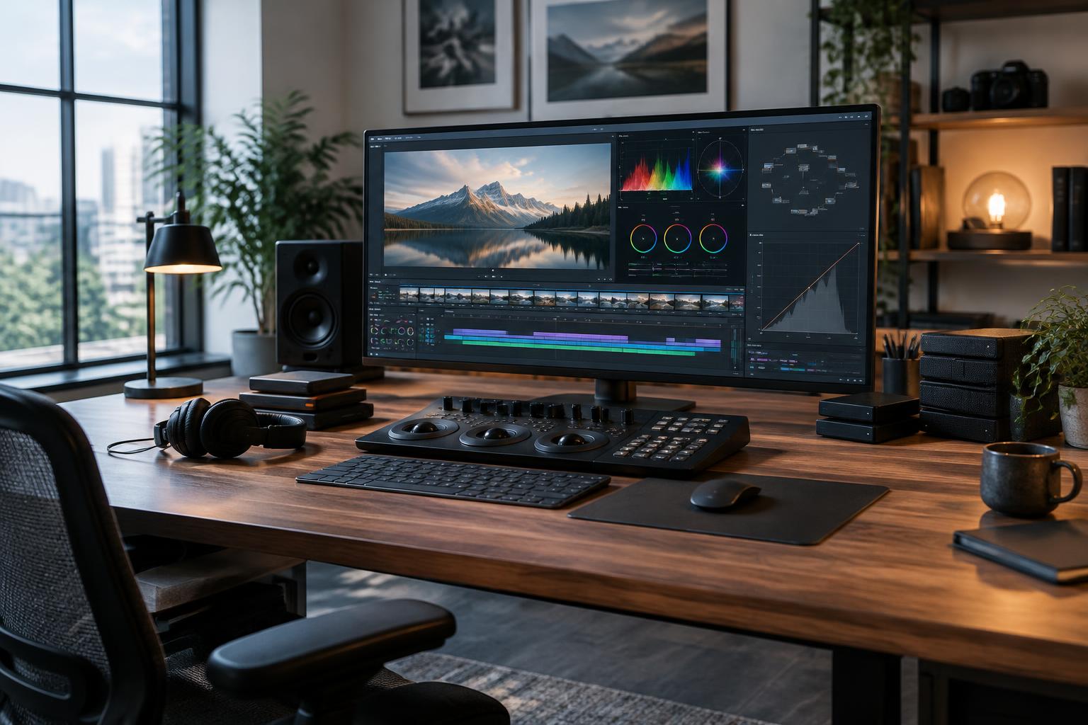 Video editing desk with color grading monitor and headphones